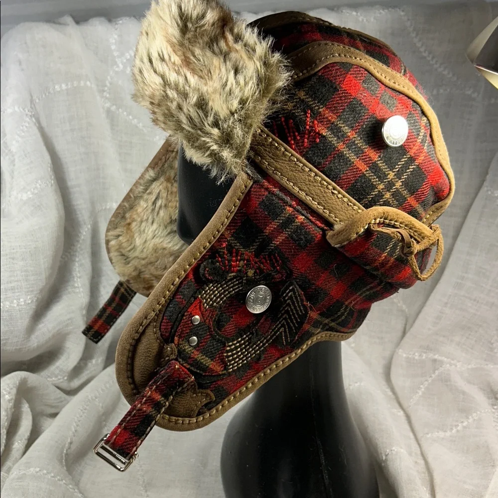 True Religion plaid winter hat with ear covers